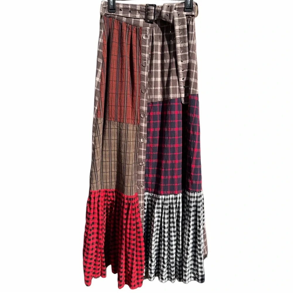 Tov Holy Los Angeles Plaid Patchwork Button Maxi Skirt Women’s Size M - Picture 1 of 9